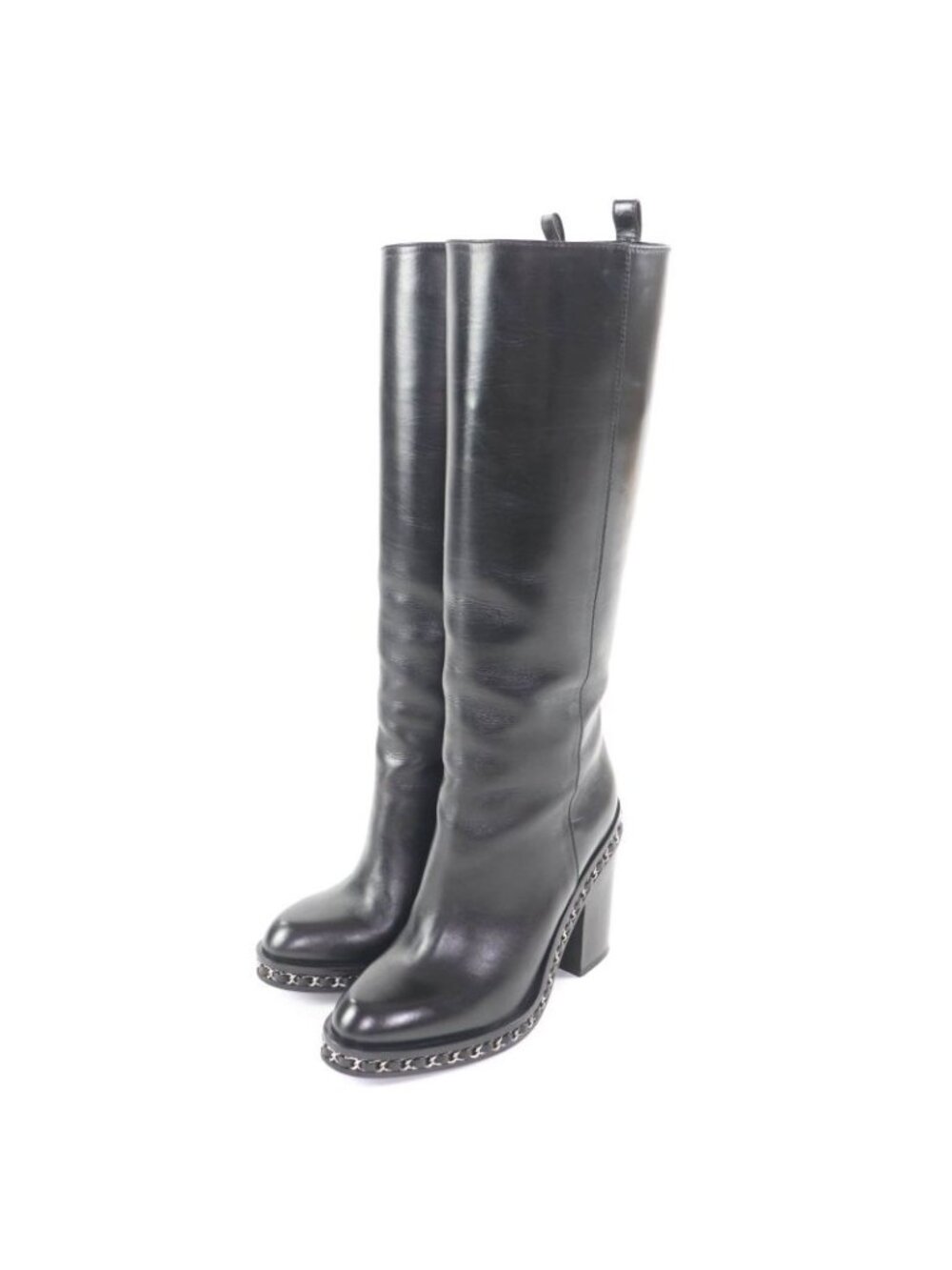 Chanel CC Logo Chain Decoration Chunky Heel Leather Long Boots Black